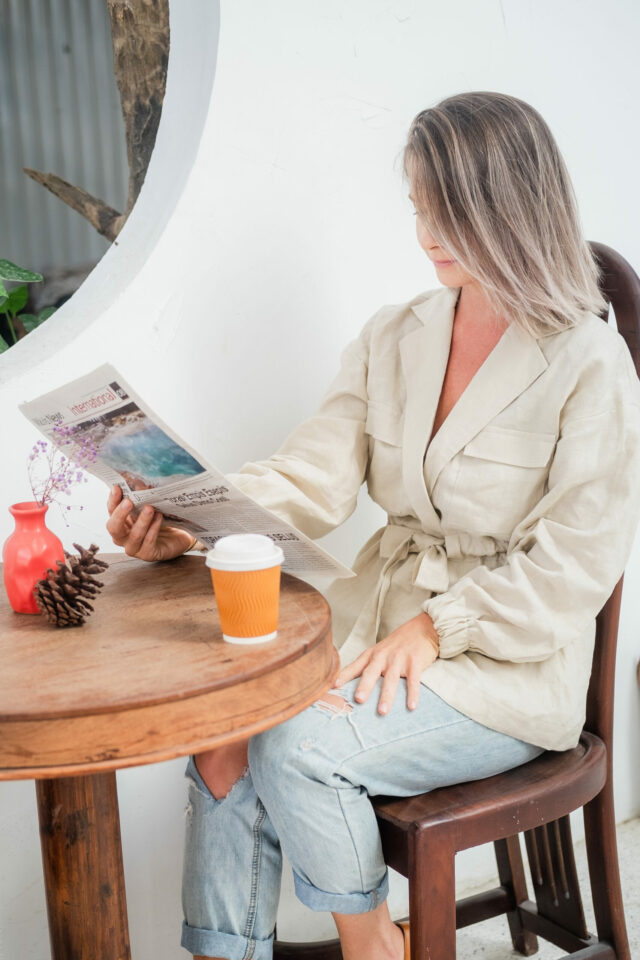 linen coat sitting table