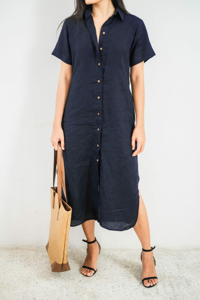 navy linen shirt dress front