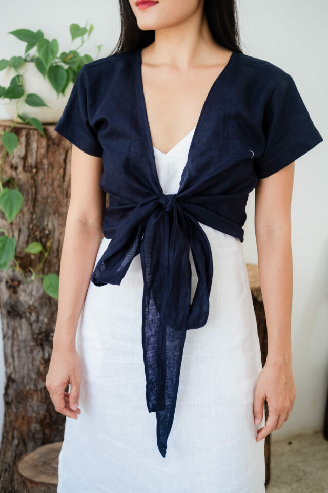 wrap top navy blue linen