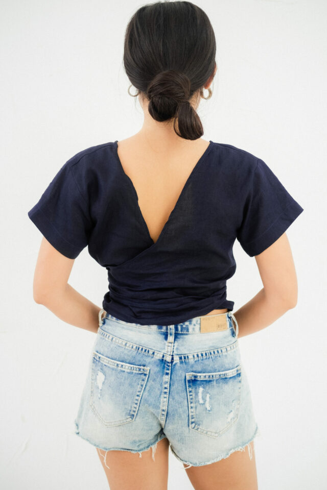 wrap top linen navy back